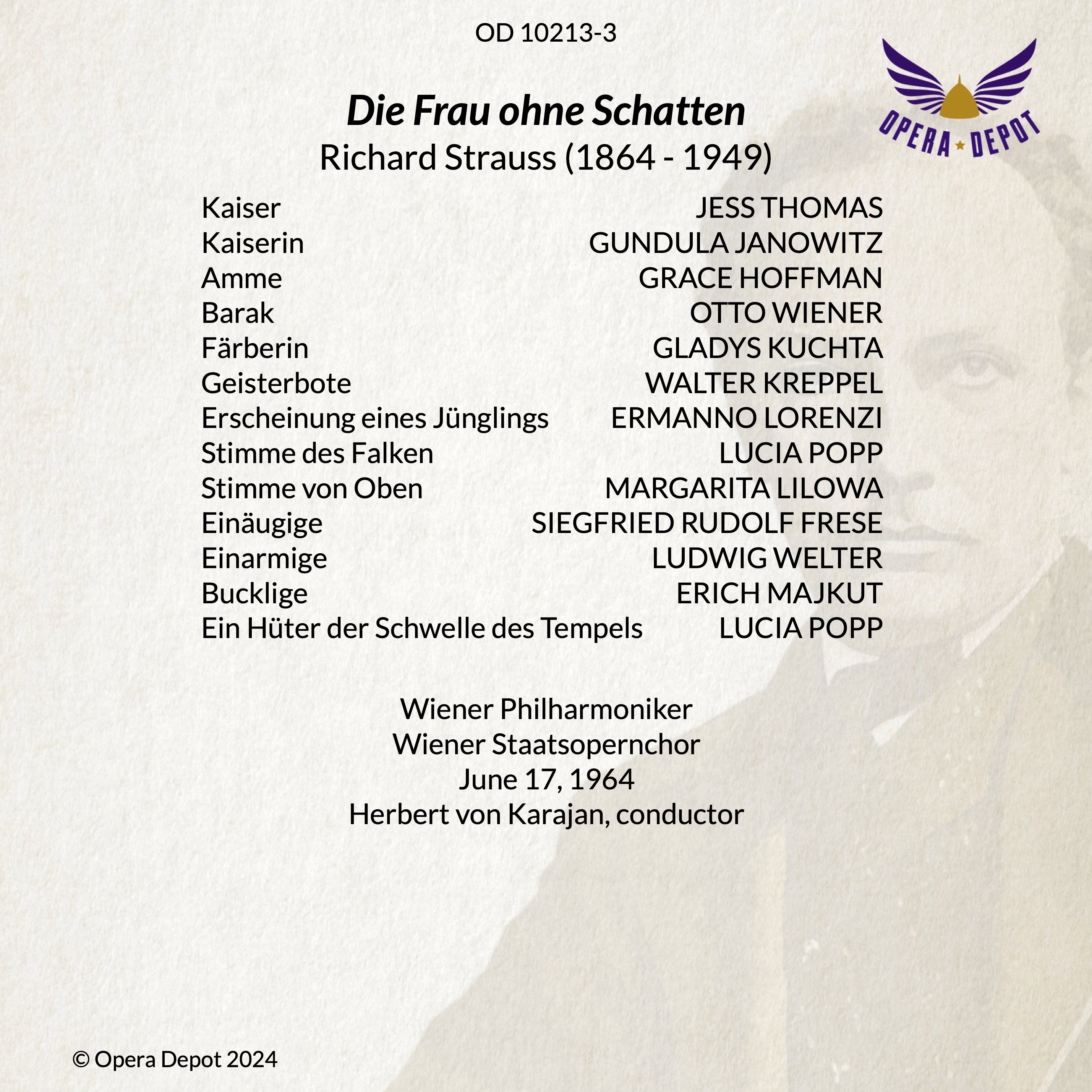 Strauss: Die Frau ohne Schatten - Janowitz, Thomas, Kuchta, Wiener, Hoffman, Kreppel, Popp, Wunderlich; Karajan.  Wien, 1964
