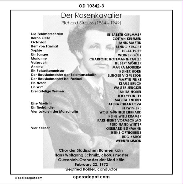 Strauss: Der Rosenkavalier - Grümmer, Martin, Popp, Keleman, Kusche; Köhler.  Köln, 1972