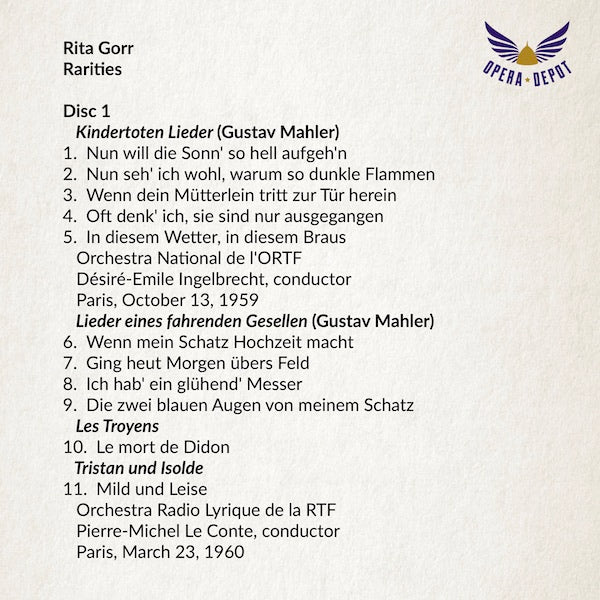 Compilation: Rita Gorr Rarities - Excerpts from Les Troyens, Tristan, Werther as well as Mahler cycles.