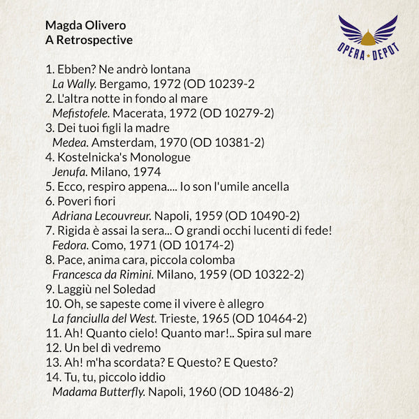 Compilation: Magda Olivero - Arias and scenes from Butterfly, Adriana, Jenufa, Fedora, Francesca da Rimini and Fanciulla