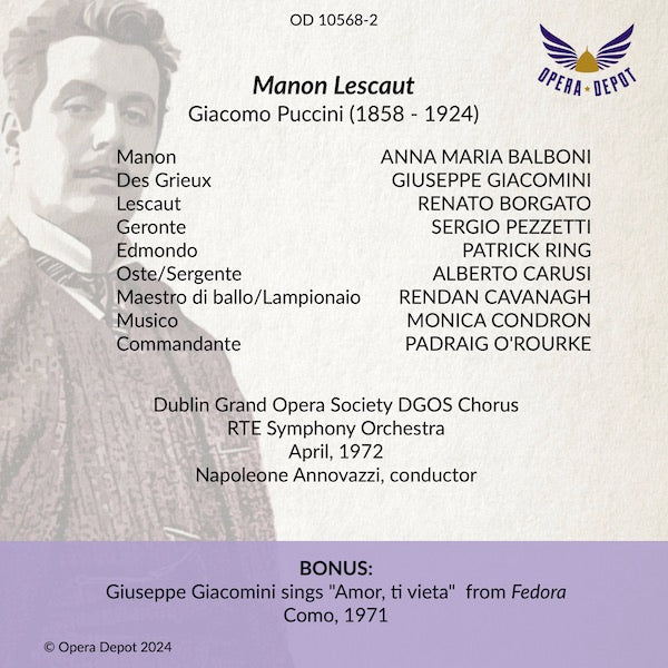 Puccini: Manon Lescaut - Balboni, Giacomini, Borgato, Pezzetti; Annovazzi. Dublin, 1972