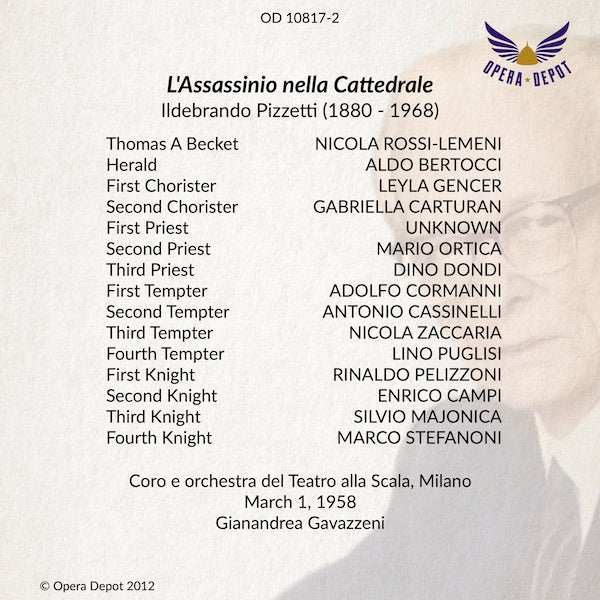 Pizzetti: L'Assasinio nella cattedrale - Rossi-Lemeni, Gencer, Bertoccci, Cassinelli, Zaccaria; Gavazzeni.  Milano, 1958