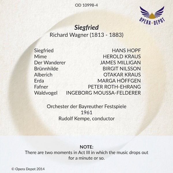 Wagner: Siegfried - Hopf, Nilsson, Milligan, O. Kraus, H. Kraus, Höffgen; Kempe.  Bayreuth, 1961