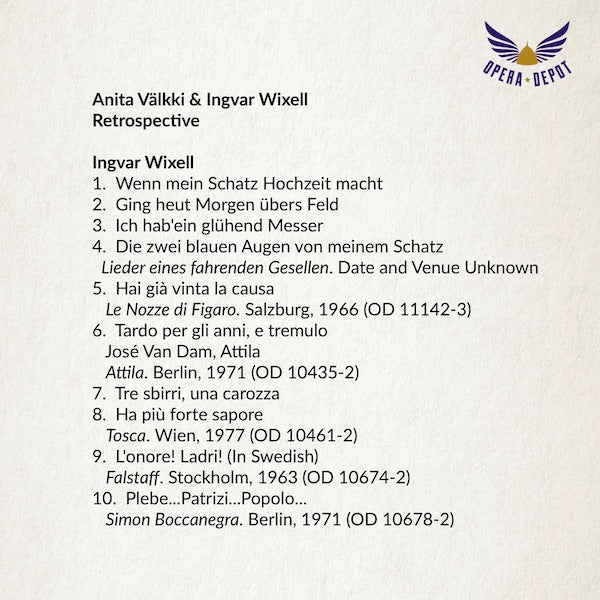 Compilation: Anita Välkki & Ingvar Wixell - Arias from Tosca, Turandot, Aida, Attila, Don Carlo & Lieder eines fahrenden Gesellen