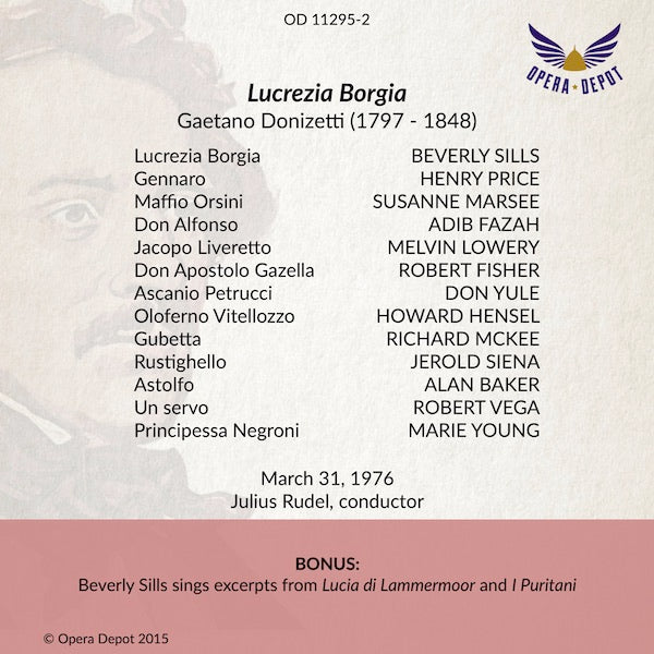 Donizetti: Lucrezia Borgia - Sills, Marsee, H, Price, Yule; Rudel. 1976