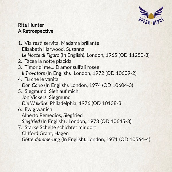 Compilation: Rita Hunter - Arias from Le Nozze di Figaro, Trovatore, Don Carlo, Die Walküre, Siegfried & Götterdämmerung