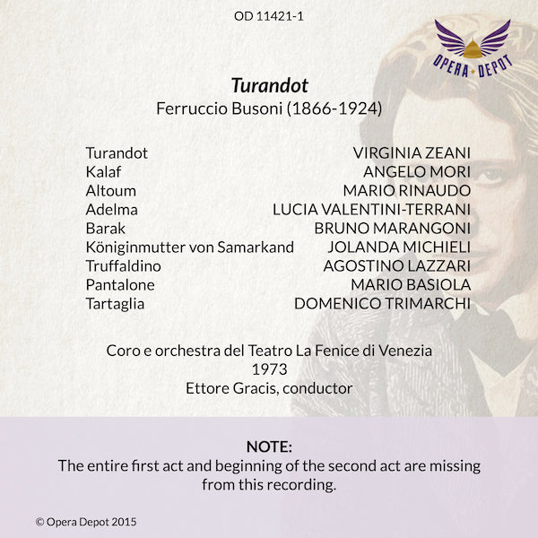 Busoni: Turandot (In Italian) - Zeani, Mori, Rinaudo, Valentini-Terrani, Lazzari; Gracis. Venezia, 1973