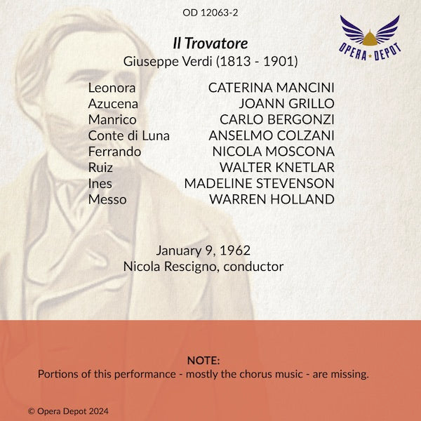 Verdi: Il Trovatore - Bergonzi, Mancini, Grillo, Colzani; Rescigno. 1962