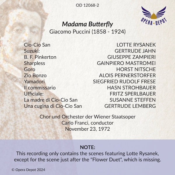 Puccini: Madama Butterfly - Lotte Rysanek, Zampieri, Jahn, Matromei; Franci. Wien, 1972