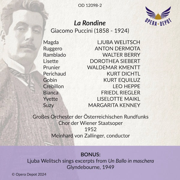 Puccini: La Rondine (In German) - Welitsch, Dermota, Siebert, Kmentt, Berry; Zallinger. Wien, 1952