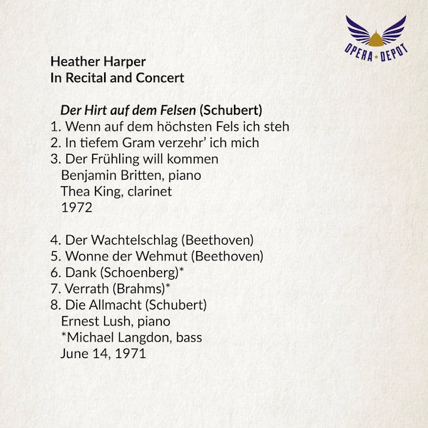 Recital: Heather Harper - Der Hirt auf dem Felsen, Shéhérazade (Ravel) and songs by Beethoven, Britten and Brahms