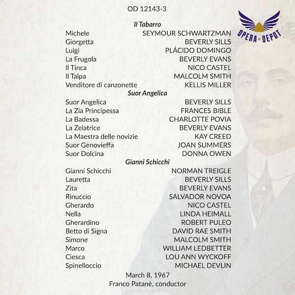 Puccini: Il Trittico - Sills, Domingo, Treigle, Schwartzman, Bible; F. Patanè. 1967