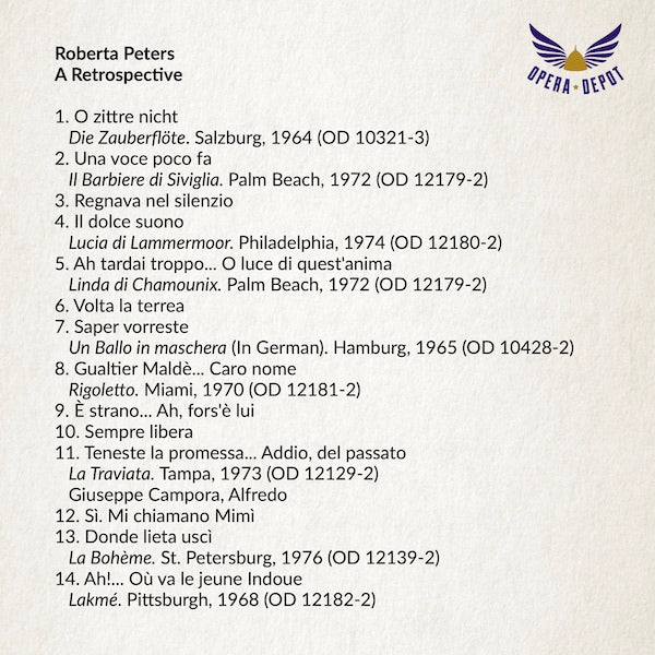 Compilation: Roberta Peters - Excerpts from Barbiere, Linda di Chamounix, Lucia, Ballo, Rigoletto, Traviata, Bohème and Lakmé