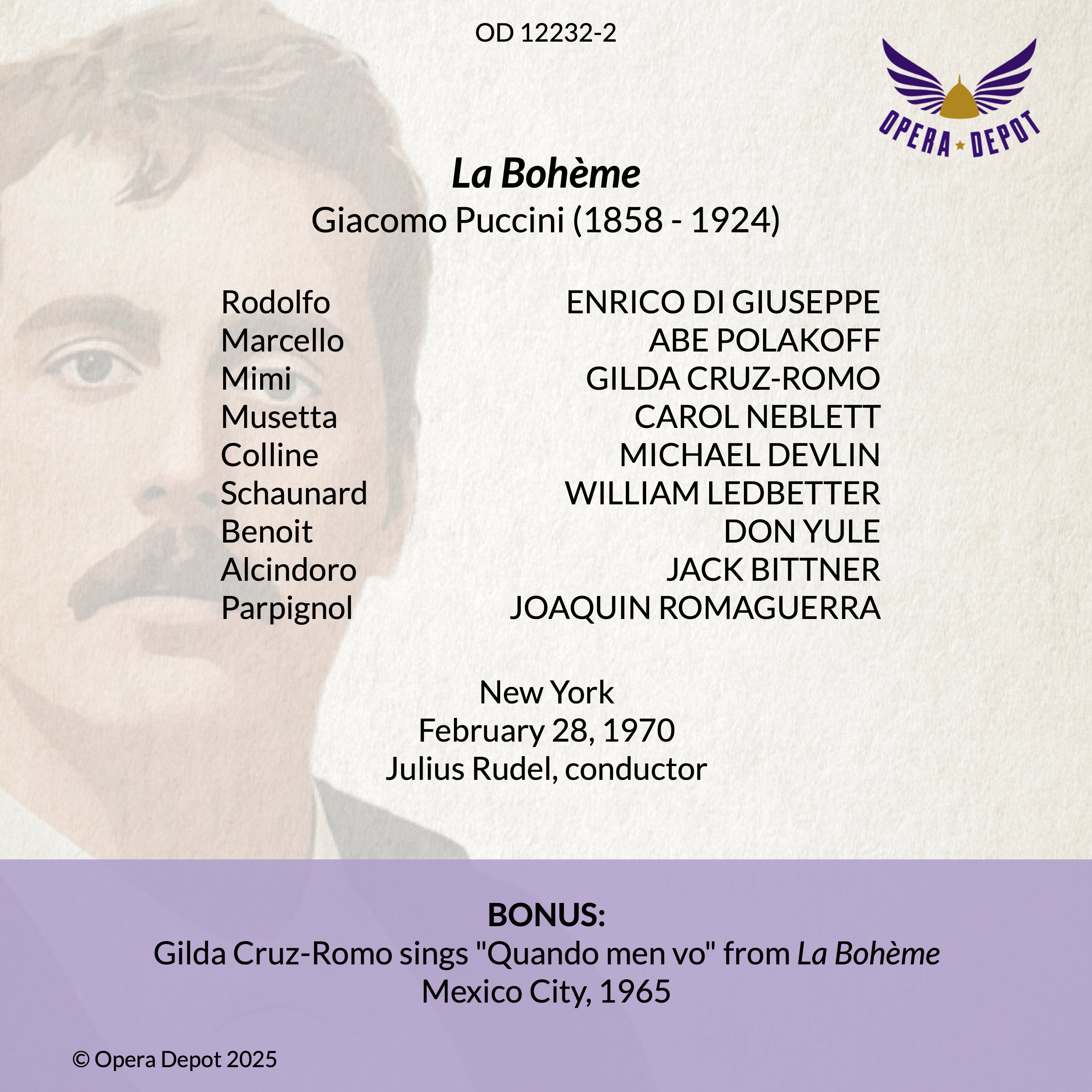 Puccini: La Bohème - Cruz-Romo, Di Giuseppe, Neblett, Polakoff, Ledbetter, Devlin, Yule; Rudel. New York, 1970