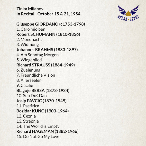 Recital: Zinka Milanov - 1941 & 1954. Bozidar Kunc, piano
