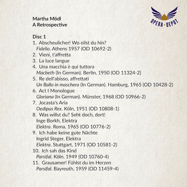 Compilation: Martha Mödl - Excerpts from Fidelio, Macbeth, Ballo, Elektra, Oedipus Rex, Gloriana, Parsifal, Tristan and the Ring