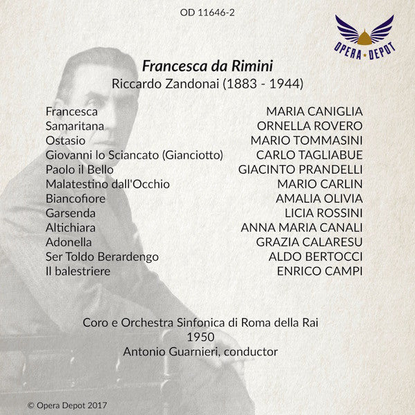 Zandonai: Francesca da Rimini - Caniglia, Prandelli, Tagliabue, Carlin, Rovero; Guarnieri. Roma, 1950