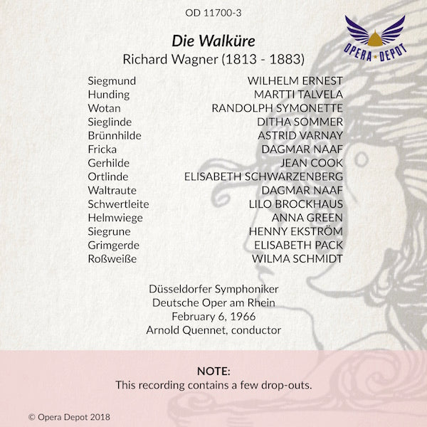 Wagner: Die Walküre - Varnay, Symonette, Ernest, Sommer, Talvela, Naaf; Quennet. Düsseldorf, 1966