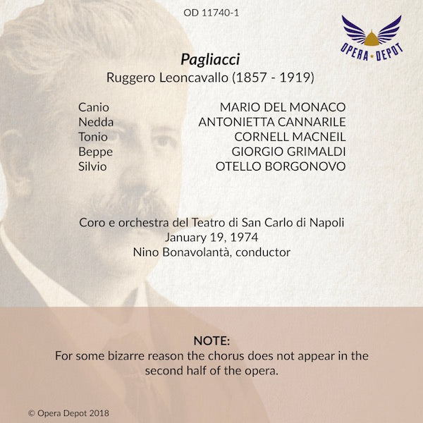 Leoncavallo - Pagliacci - Del Monaco, MacNeil, Cannarile, Borgonovo; Bonavolantà. Napoli, 1974