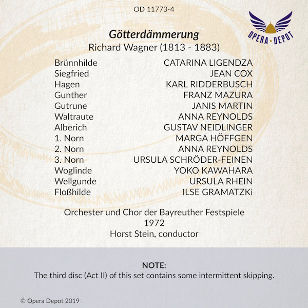 Wagner: Der Ring des Nibelungen - Ligendza, Cox, Stewart, Jones, King, Ridderbusch, Mazura, Reynolds; Stein. Bayreuth, 1972