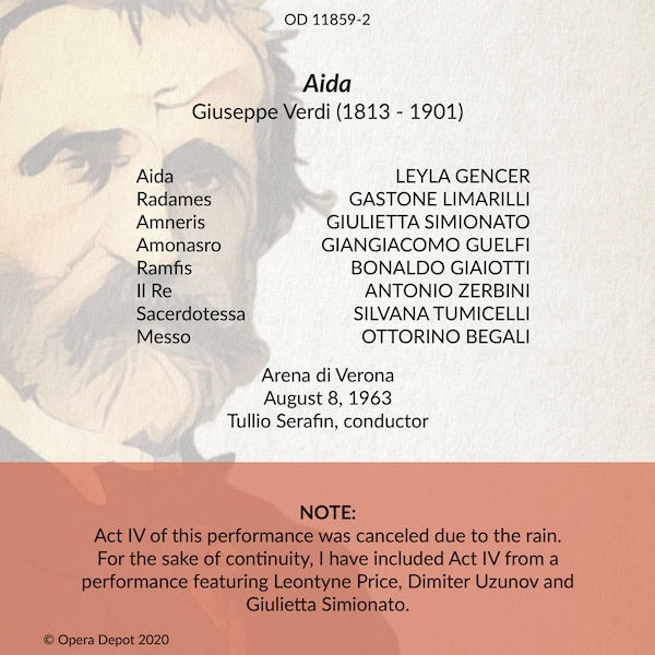 Verdi: Aida - Gencer, Simionato, Limarilli, Guefli, Giaiotti; Serafin. Verona, 1963 (No Act IV)