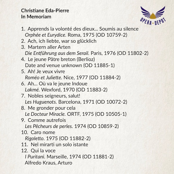 Compilation: Christiane Eda-Pierre - Arias from Les Pêcheurs de perles, Puritani, Roméo, Entführung, Rigoletto, Lakmé and more