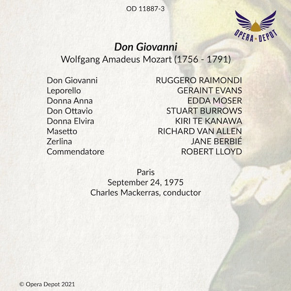 Mozart: Don Giovanni - R. Raimondi, Evans, Moser, Te Kawana, Burrows, Berbié, Lloyd, Van Allen; Mackerras. Paris, 1975