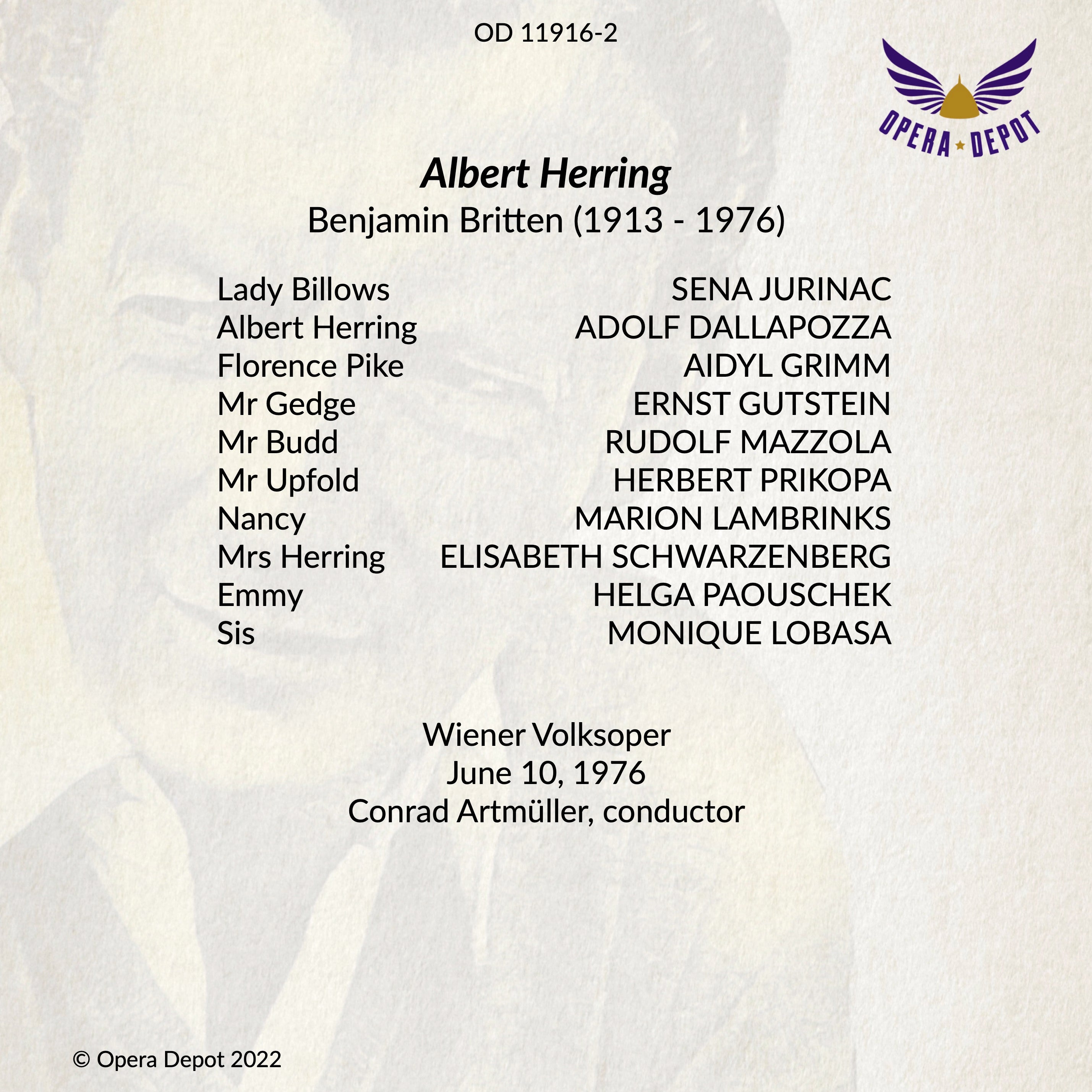 Britten: Albert Herring (In German) - Dallapozza, Jurinac, Schwarzenberg, Gutstein; Artmüller. Wien, 1976