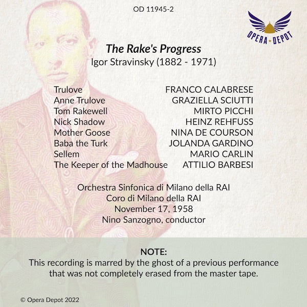 Stravinsky: The Rake's Progress (In Italian) - Picchi, Sciutti, Rehfuss, Calabrese; Sanzogno. Milano, 1958