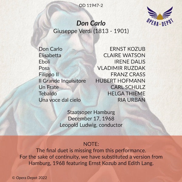 Verdi: Don Carlo (In German) - Kozub, Watson, Dalis, Rudzak, Crass; Ludwig. Hamburg, 1968