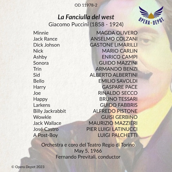 Puccini: La Fanciulla del West - Olivero, Limarilli, Colzani; Previtali. Torino, 1966