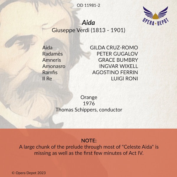 Verdi: Aida - Cruz-Romo, Bumbry, Gugalov, Wixell, Roni; Schippers. Orange, 1976