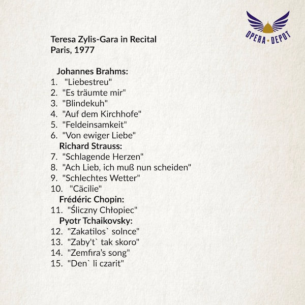 Recital: Teresa Zylis-Gara - Works by Brahms, Dvořák, R. Strauss, Chopin, Rachmaninov. Paris, 1977