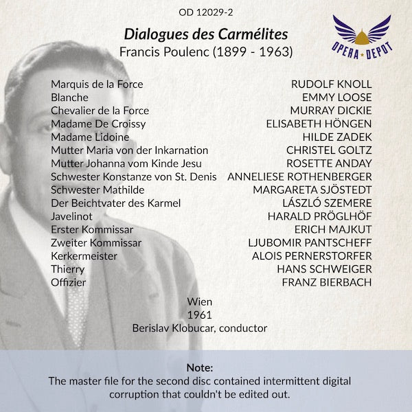Poulenc: Dialogues des Carmélites (In German) - Loose, Goltz, Zadek, Höngen, Rothenberger; Klobucar. Wien, 1961