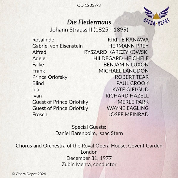 Strauss (Johann): Die Fledermaus - Prey, Te Kanawa, Heichele, Luxon, Tear, Langdon; Mehta. London, 1977