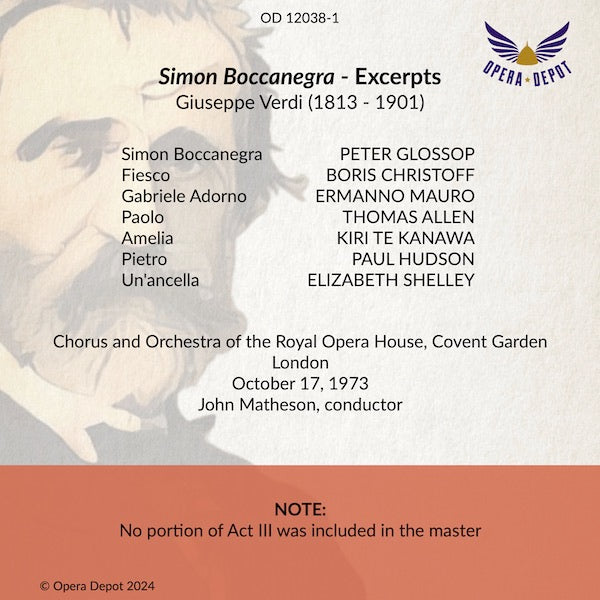 Verdi: Simon Boccanegra (excerpts) - Glossop, Te Kanawa, Christoff, Mauro, Allen; Matheson. London, 1973